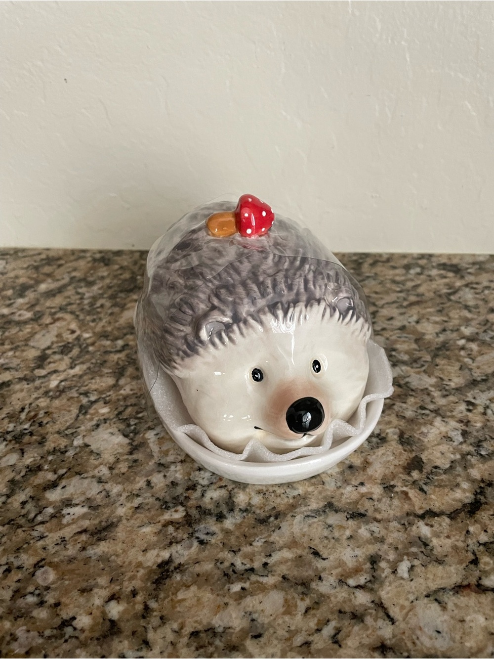 Ceramic Hedgehog Decorative Butter Keeper in Gray and White